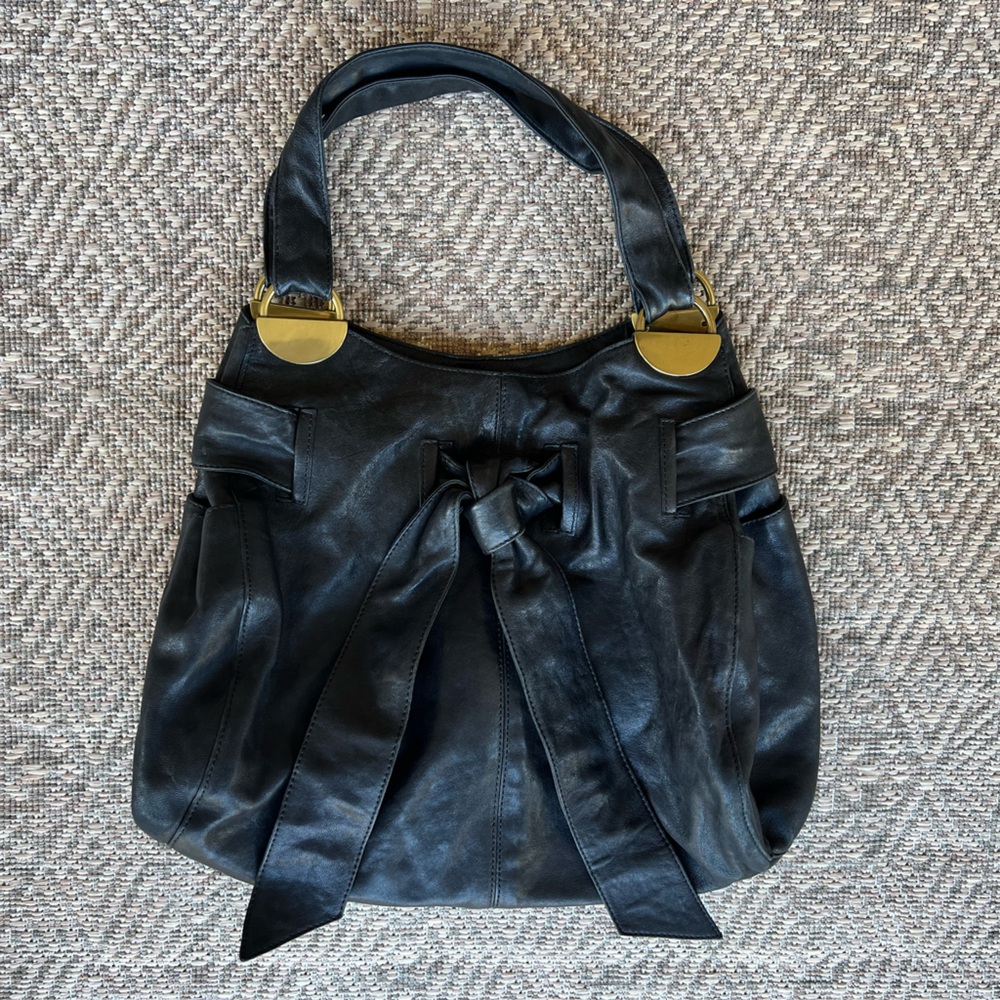 Kooba Y2K Vintage Leather Hobo Bag Purse Black‎ Slouchy Gold Brass Accents